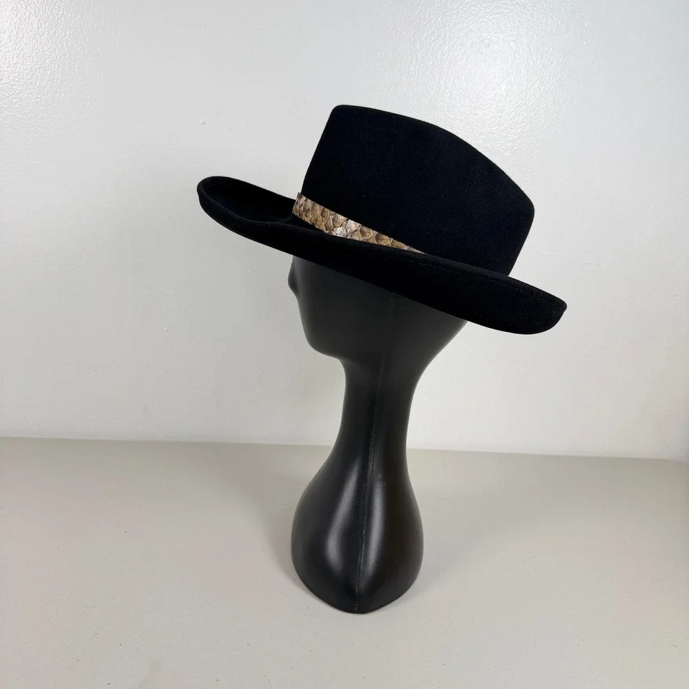 Eric Javits Black Felt Fedora Hat Genuine Python Band Buckle - Picture 4 of 9
